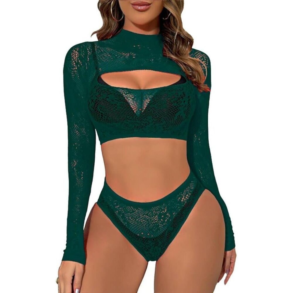 Women's Green Lingerie Imported Front Open Bodysuit Sexy Nightwear Pajamas Set